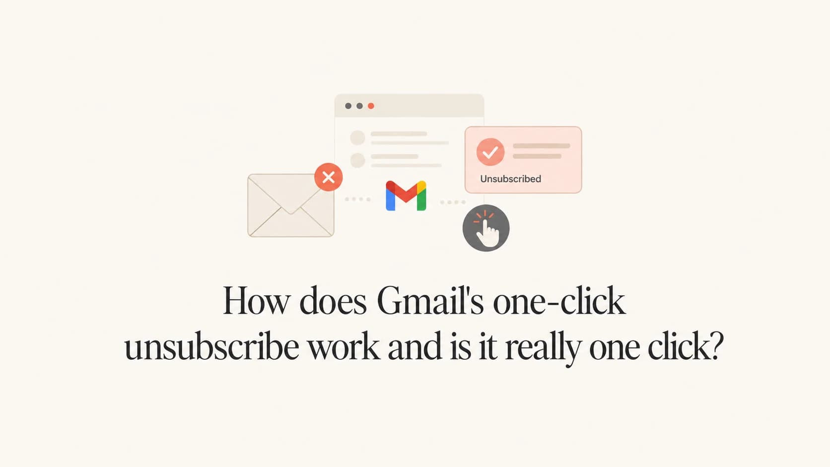 A calm editorial graphic showing Gmail one-click unsubscribe headers and confirmation.