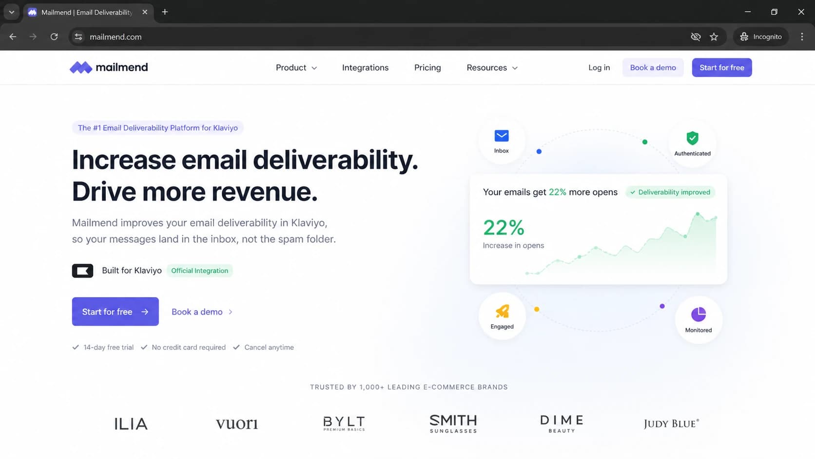 Screenshot-style view of the Mailmend website and its deliverability positioning.