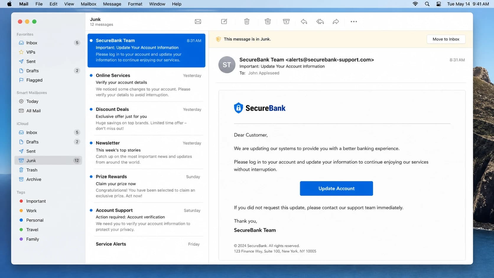 Apple Mail screenshot showing a message placed in the Junk mailbox.