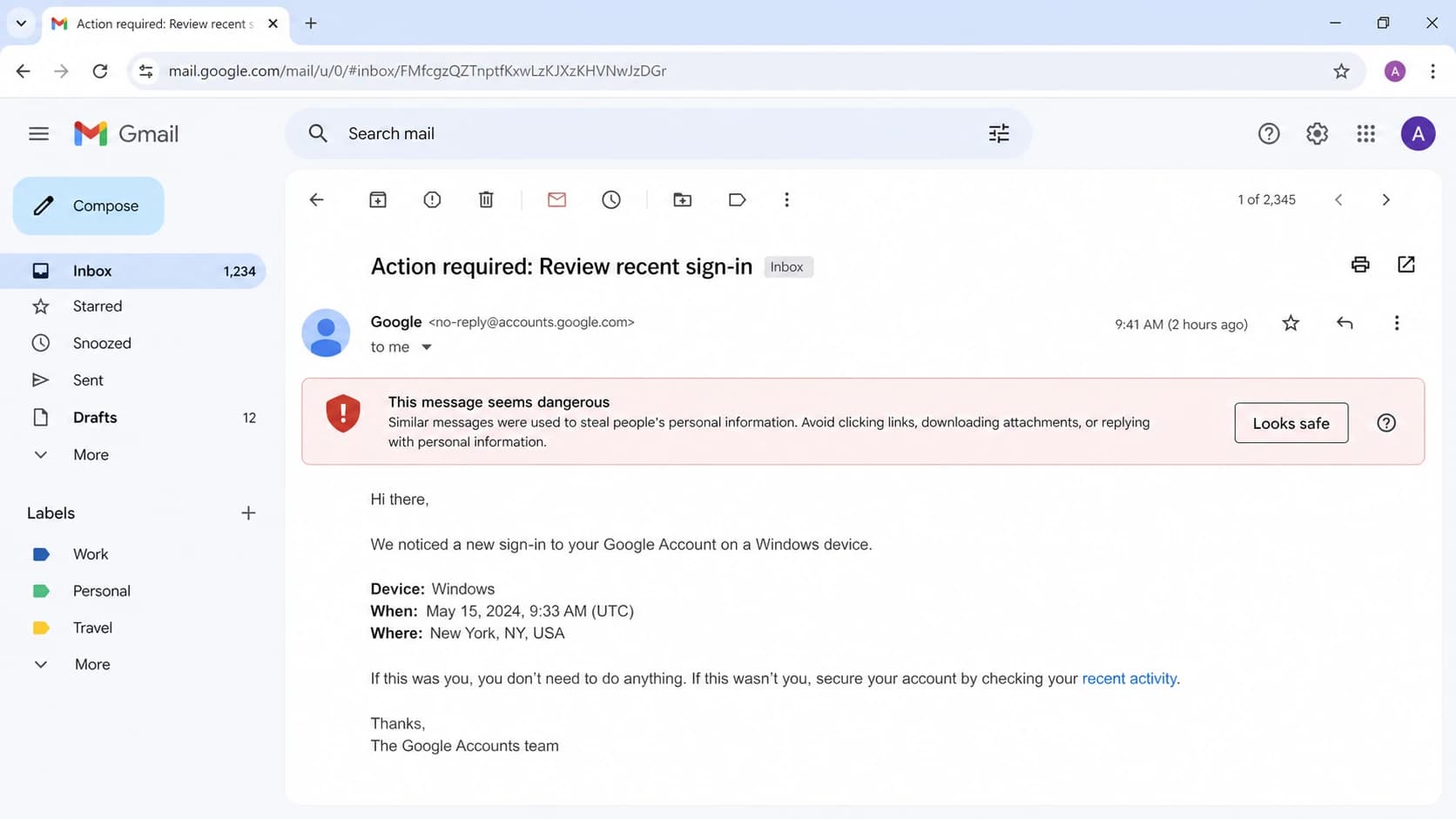 Gmail message view with a red safety notice above an opened email.