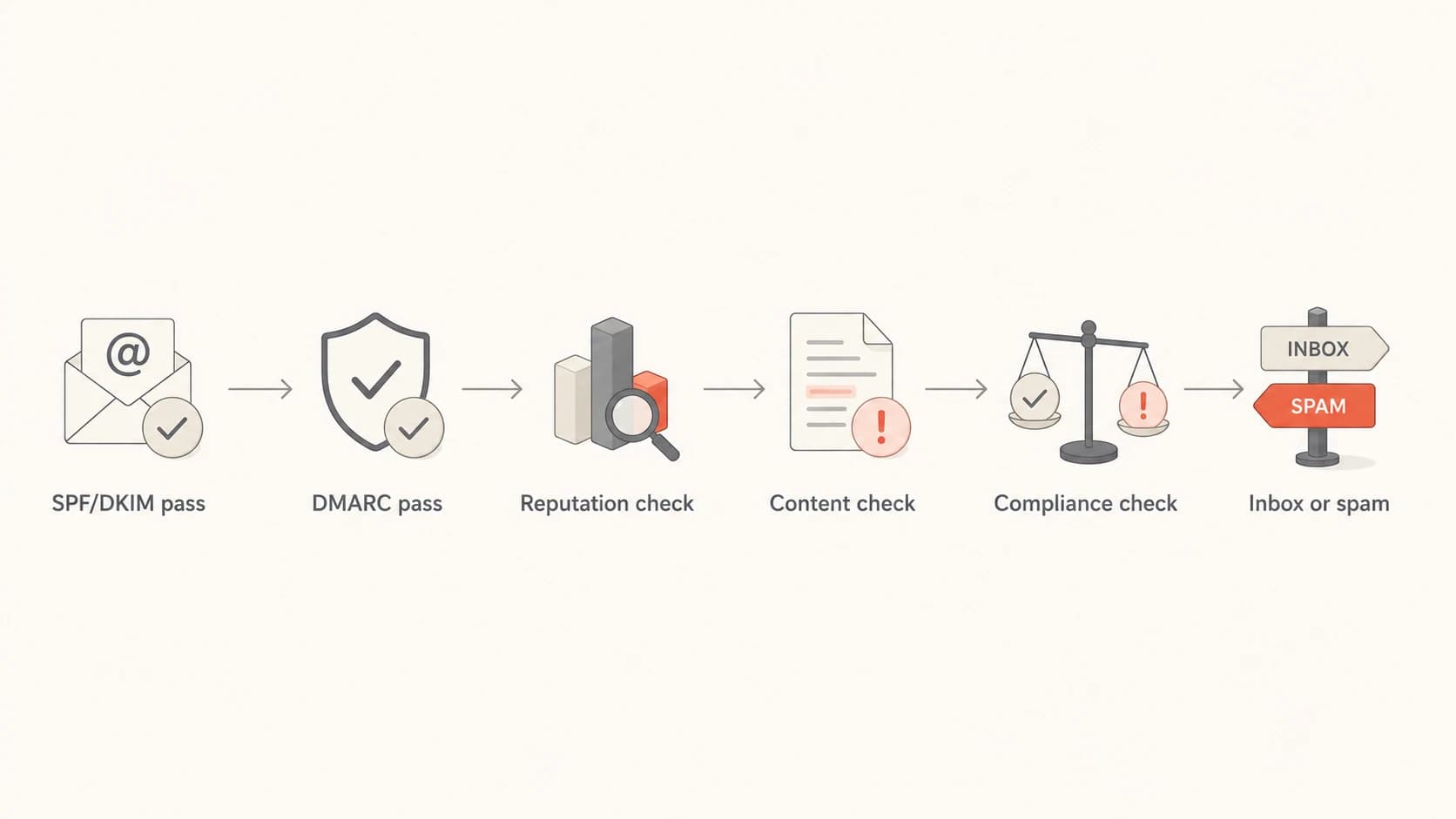 Flowchart showing authentication passing before Gmail checks reputation, content, and compliance.