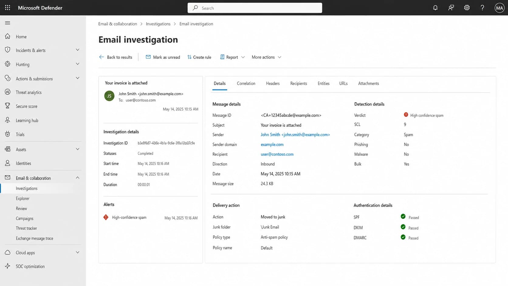 Microsoft Defender portal message details showing SCL 9 for an authenticated inbound email.