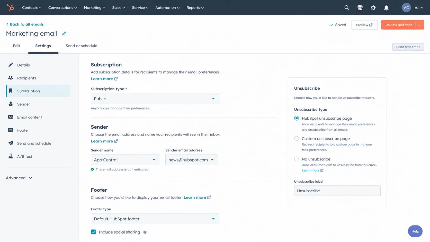 HubSpot marketing email settings screen with subscription and sender controls