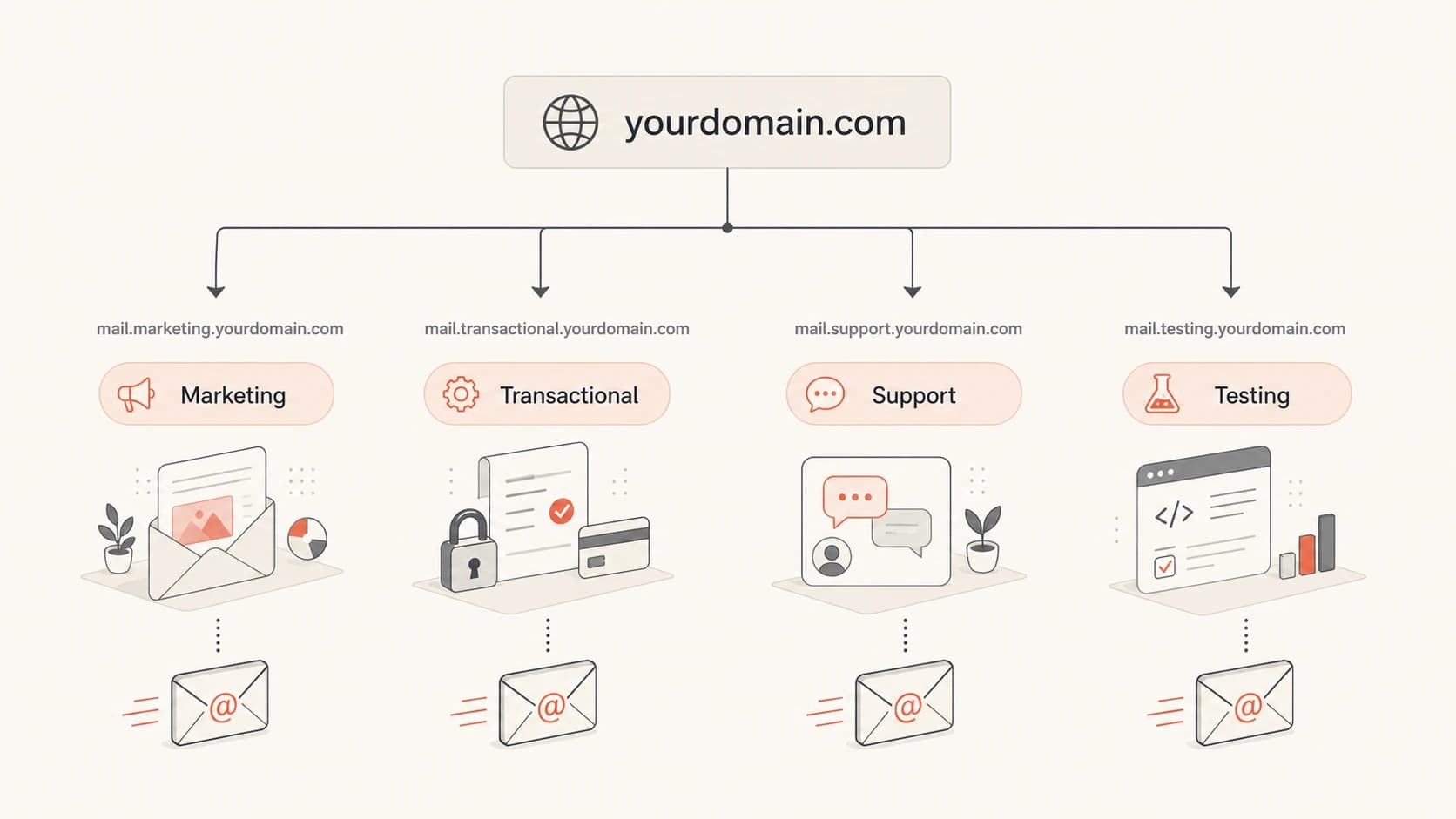 A parent domain split into marketing, transactional, support, and testing subdomains.