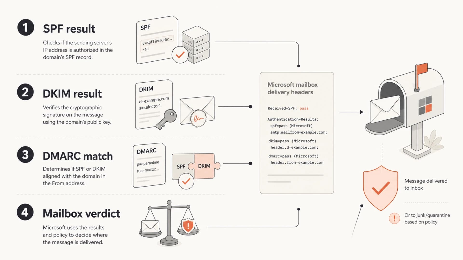Infographic linking SPF, DKIM, DMARC domain matching, and Microsoft mailbox verdicts.