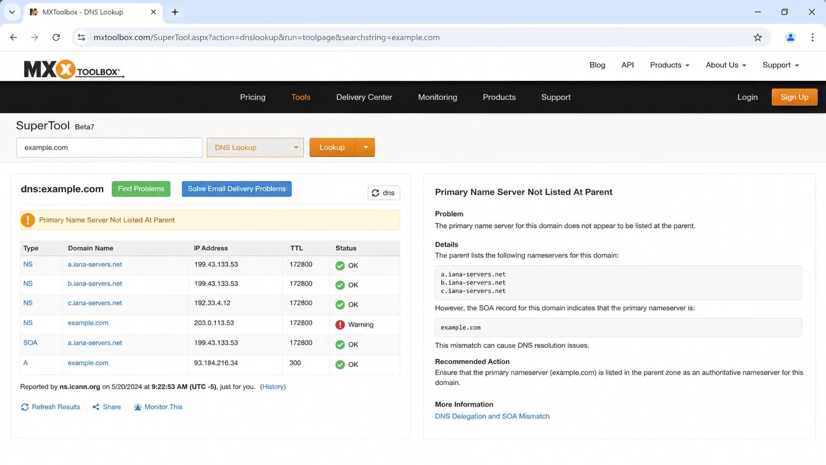 MXToolbox result screen showing a primary nameserver warning.