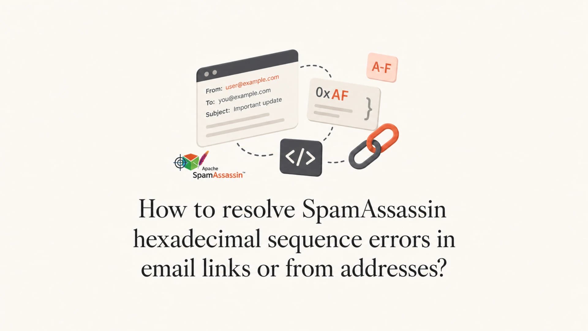 SpamAssassin hexadecimal sequence error shown as email headers and link characters.