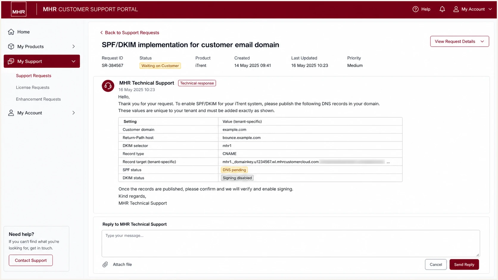 MHR support response containing tenant-specific DKIM details