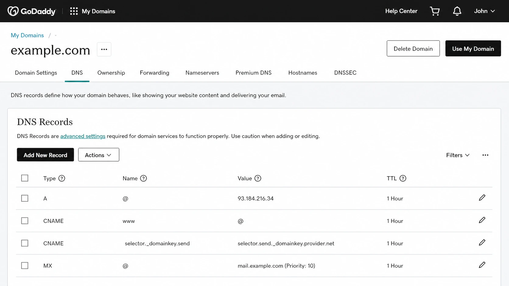 GoDaddy DNS management screen for adding a subdomain record.