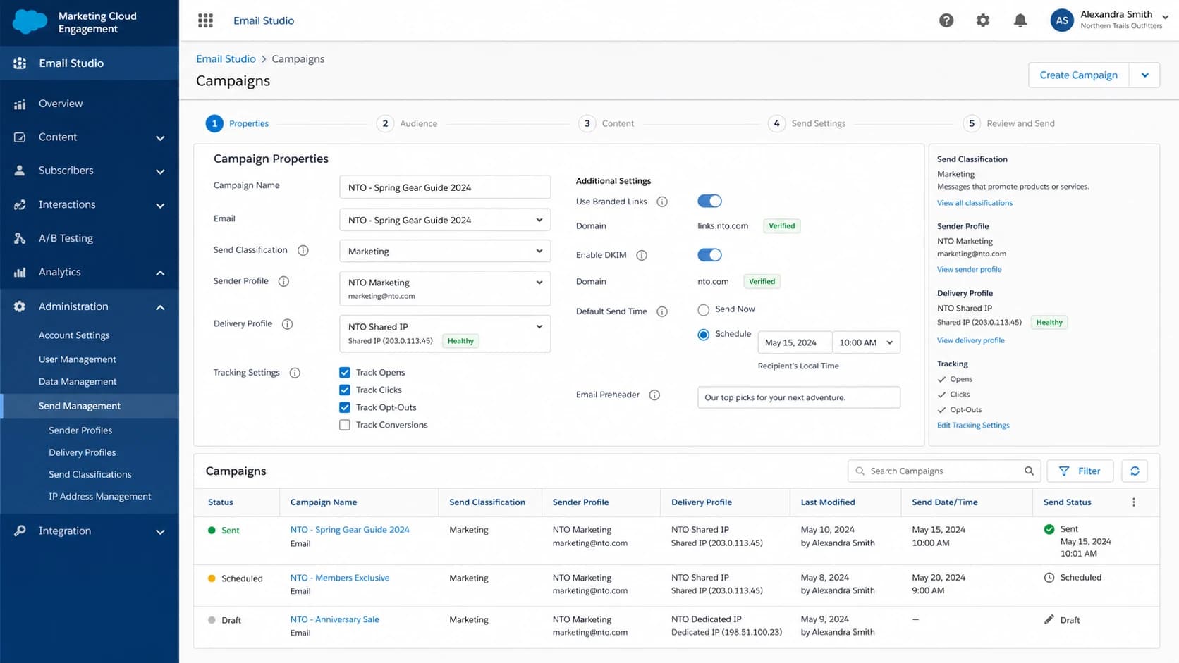 Salesforce Marketing Cloud Engagement screen for sender and delivery settings.