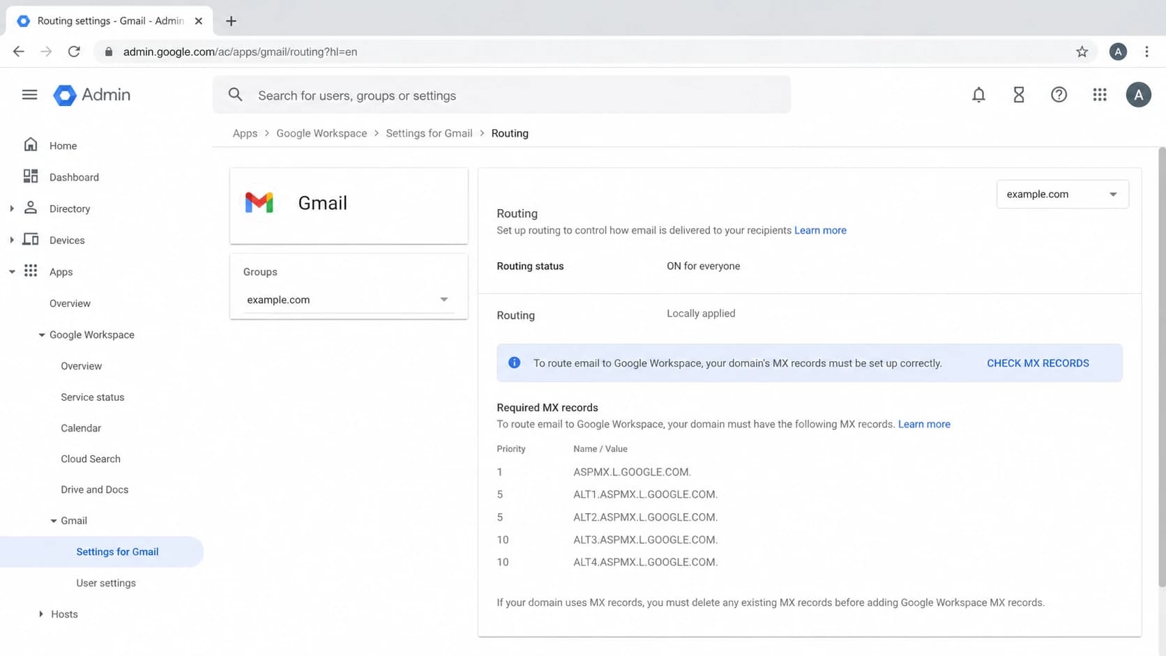 Google Admin console Gmail routing screen with Google MX record clues.