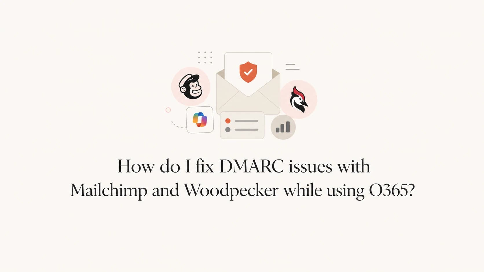 Mailchimp, Woodpecker, and O365 email authentication records arranged around a DMARC check.