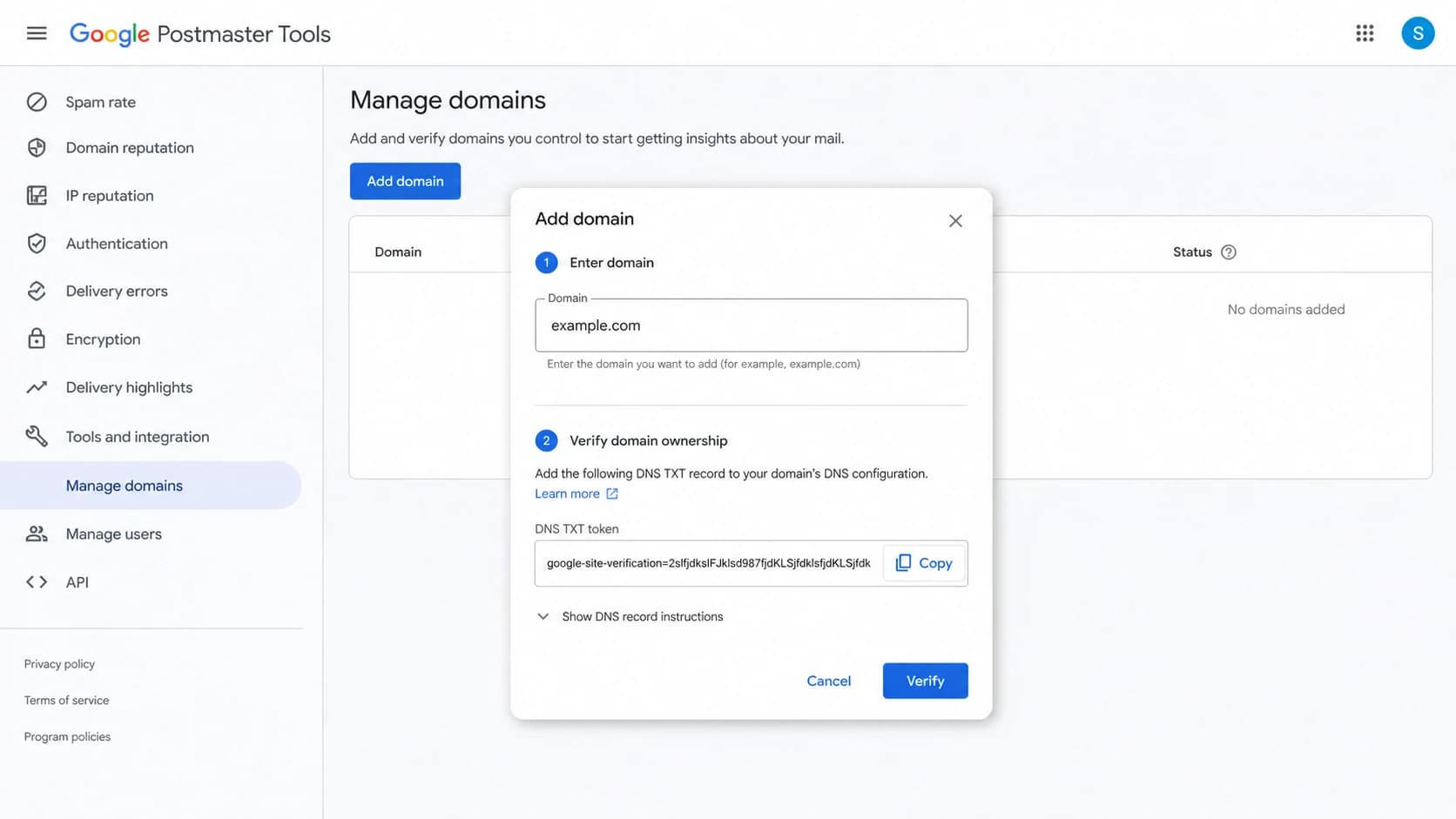 Google Postmaster Tools screen showing the add domain and verification flow.