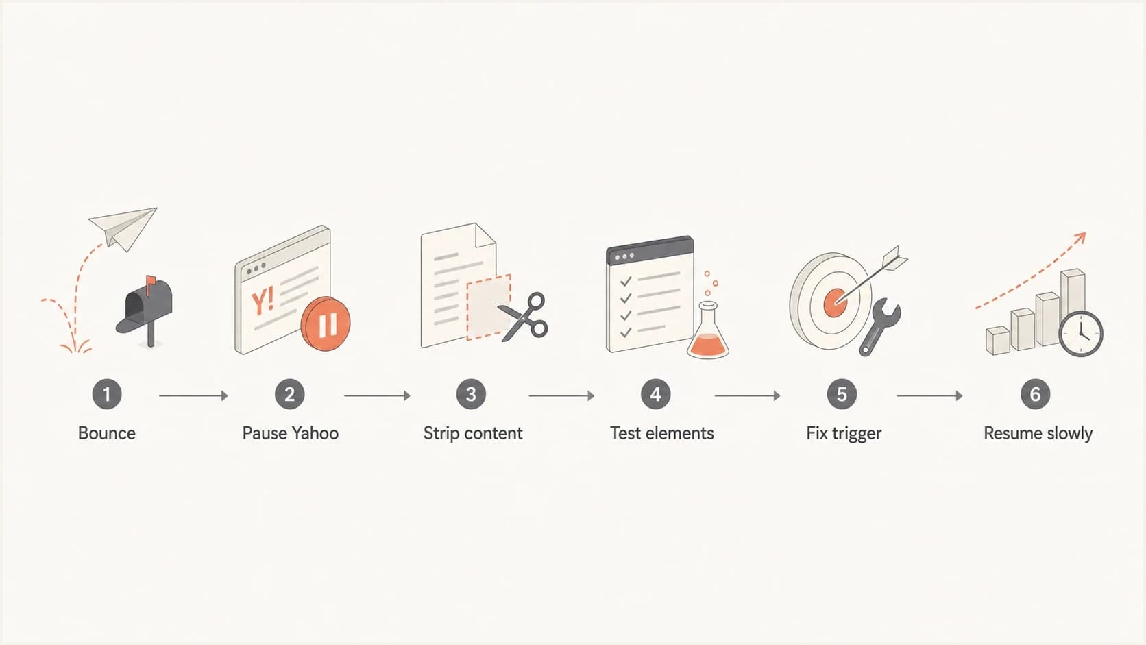 Flowchart showing PH01 troubleshooting from bounce collection to gradual sending.