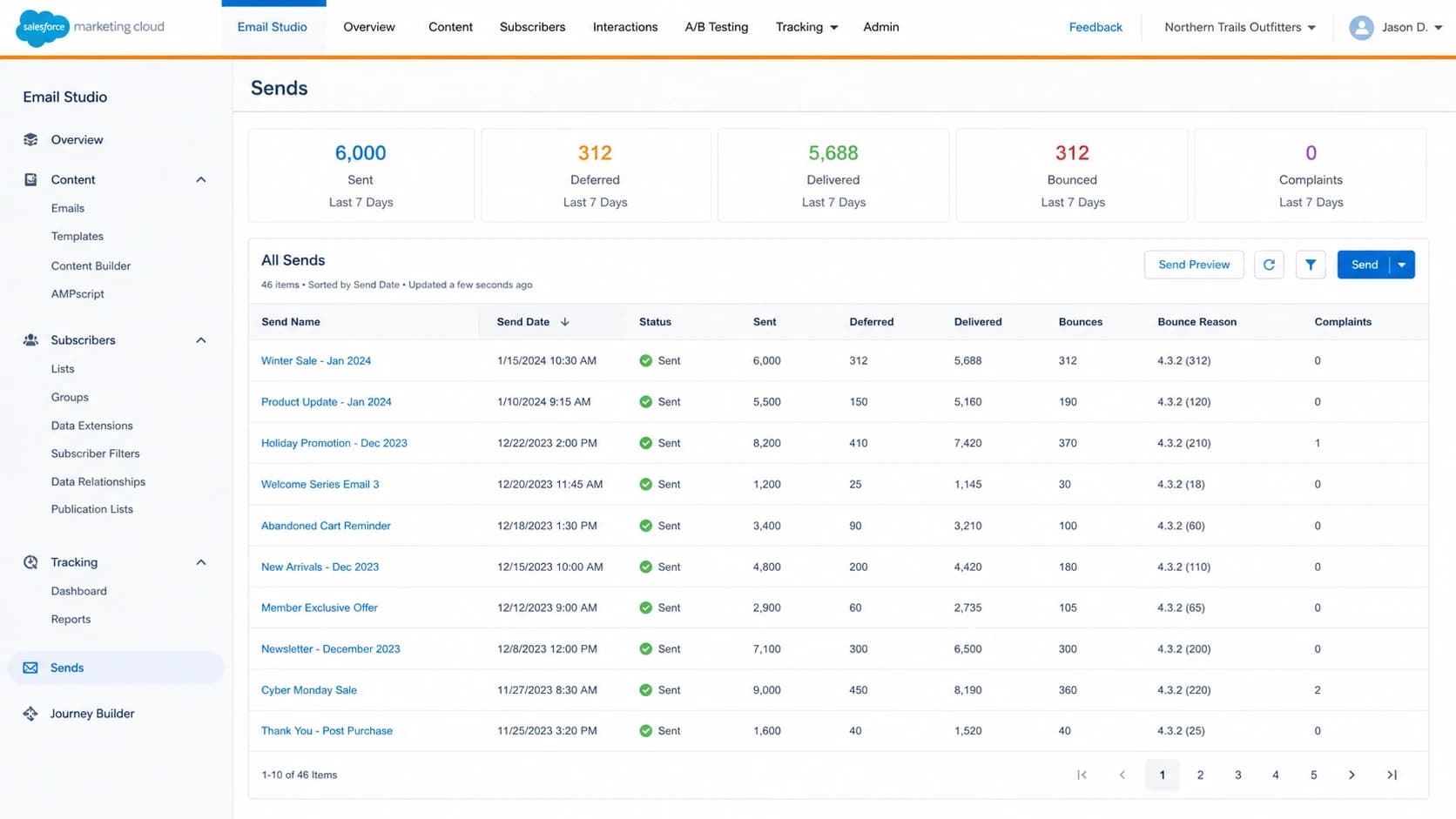 Salesforce Marketing Cloud style send tracking screen with bounce diagnostics.