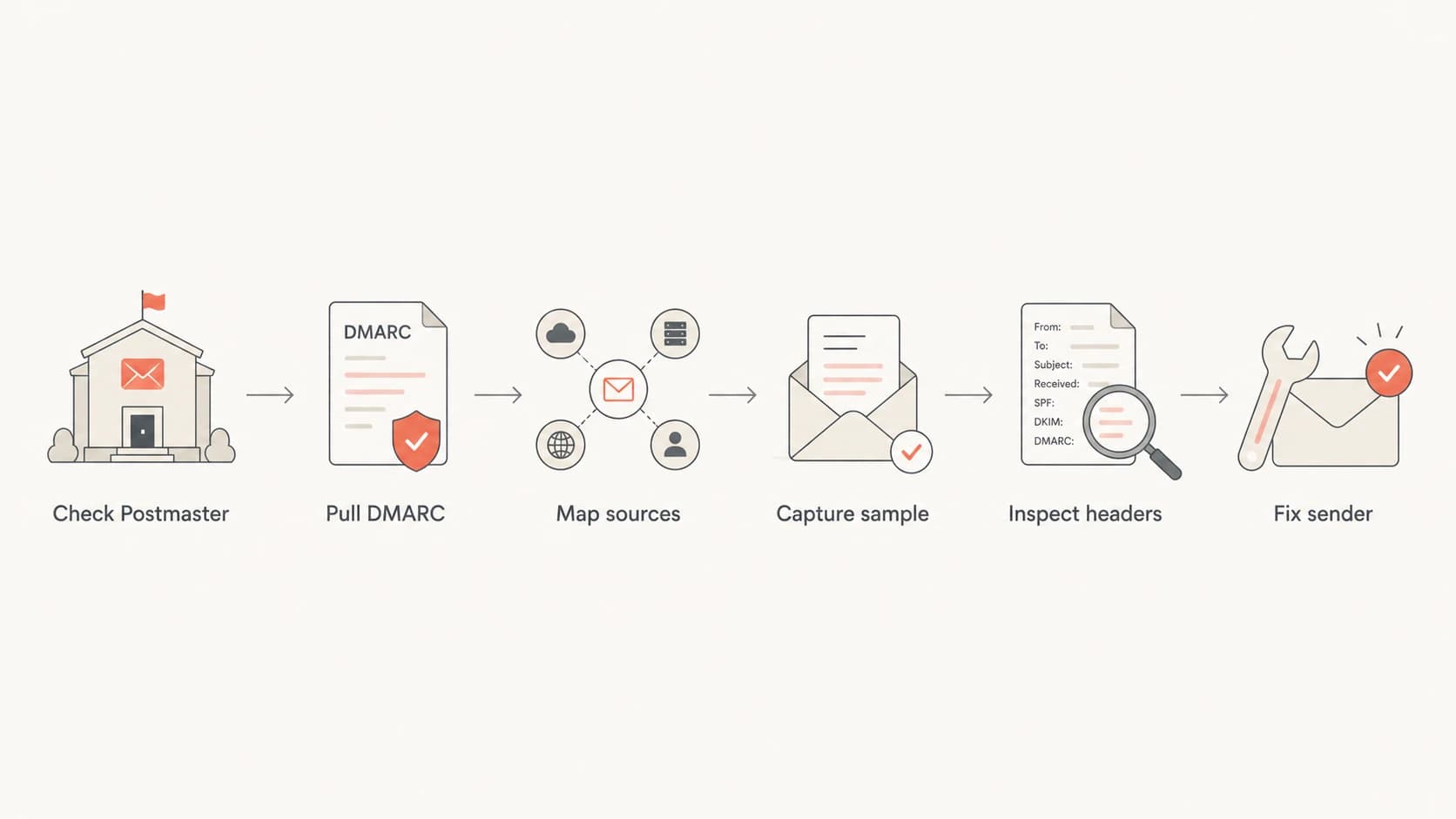 A six-step flow for investigating a root-domain one-click unsubscribe failure.