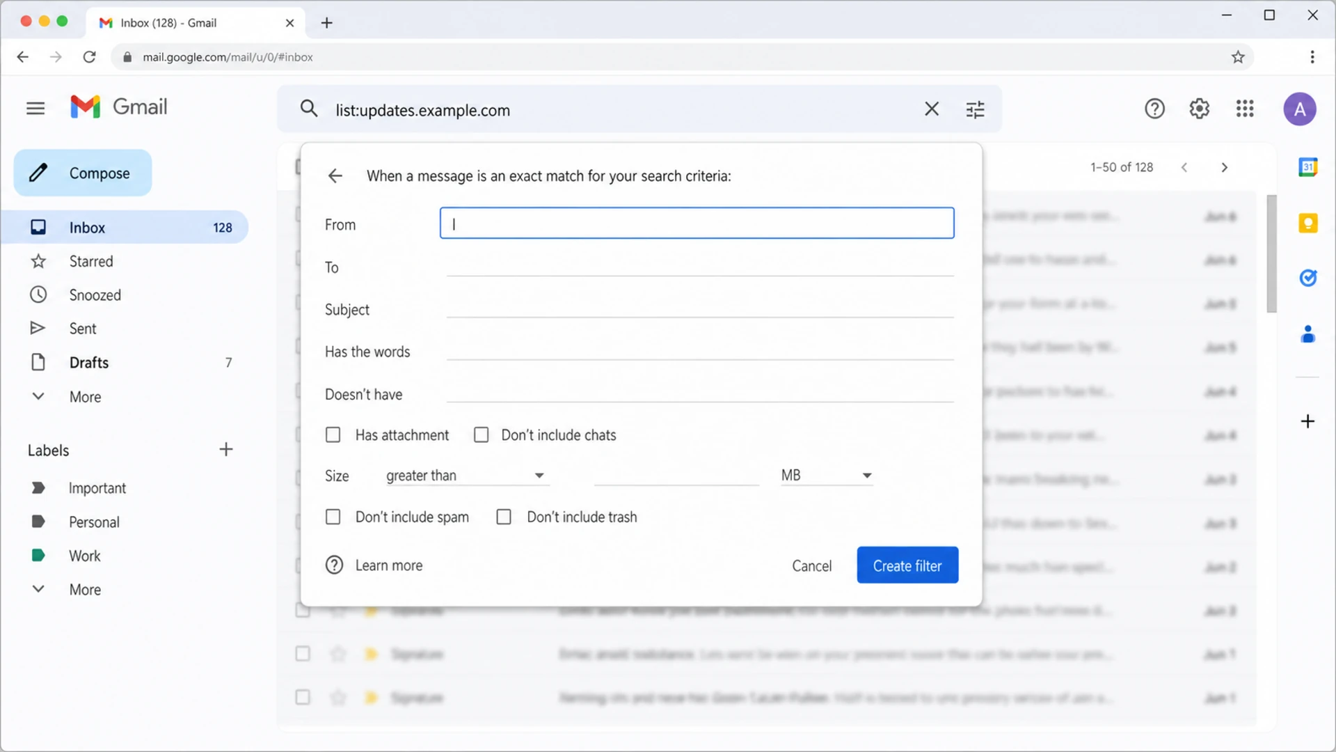 Gmail filter dialog using a list search term for List-ID.