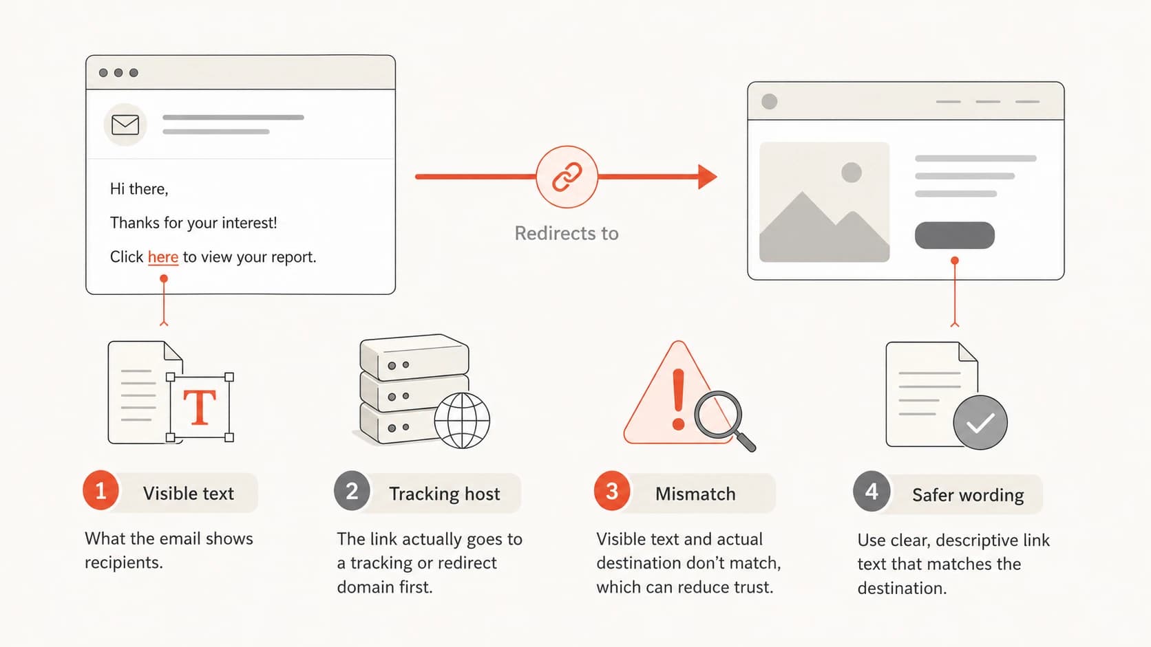 A diagram showing visible link text, a tracking host, and safer wording.