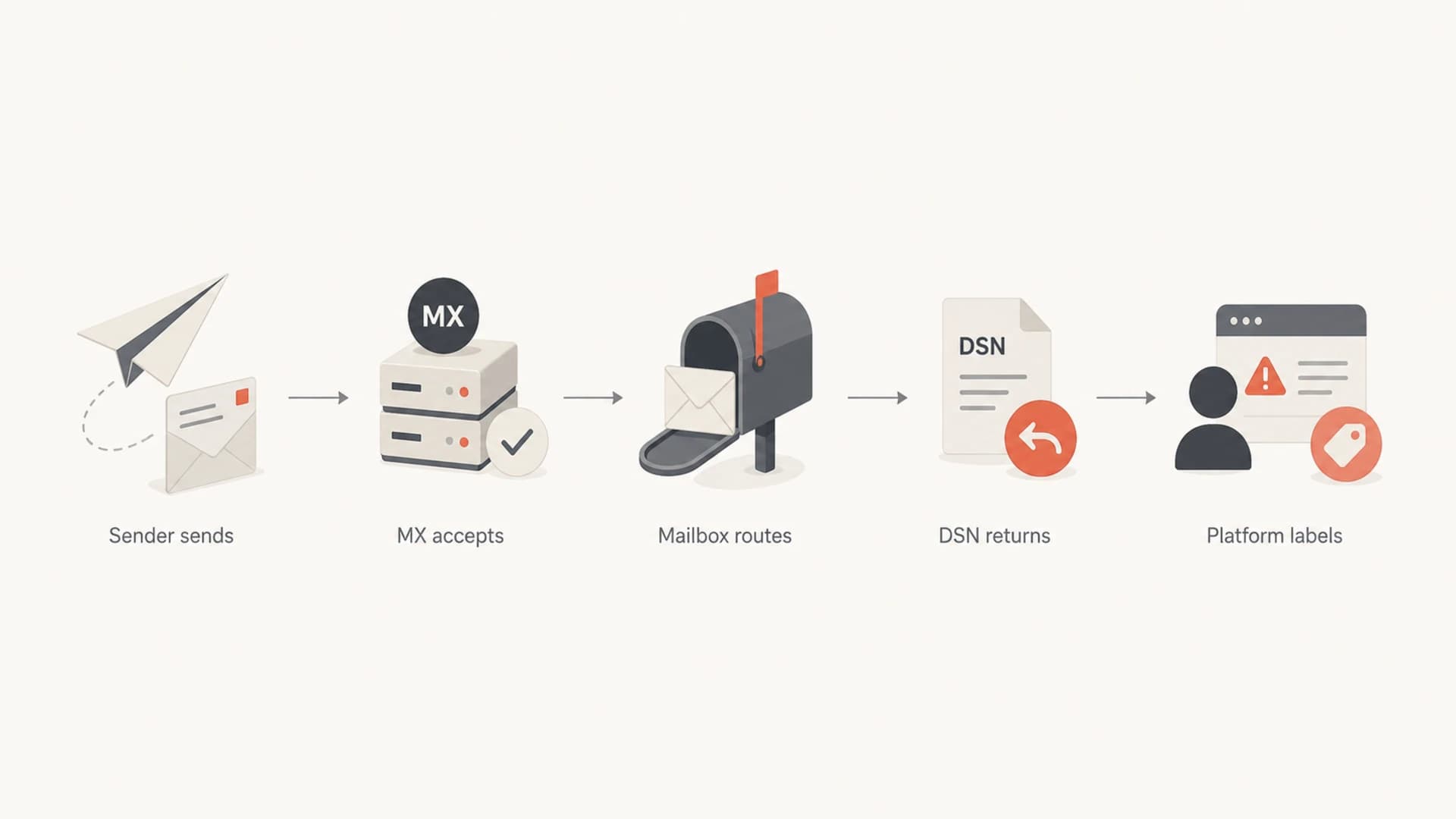 Flowchart showing how an accepted email can later return as an out-of-band bounce.
