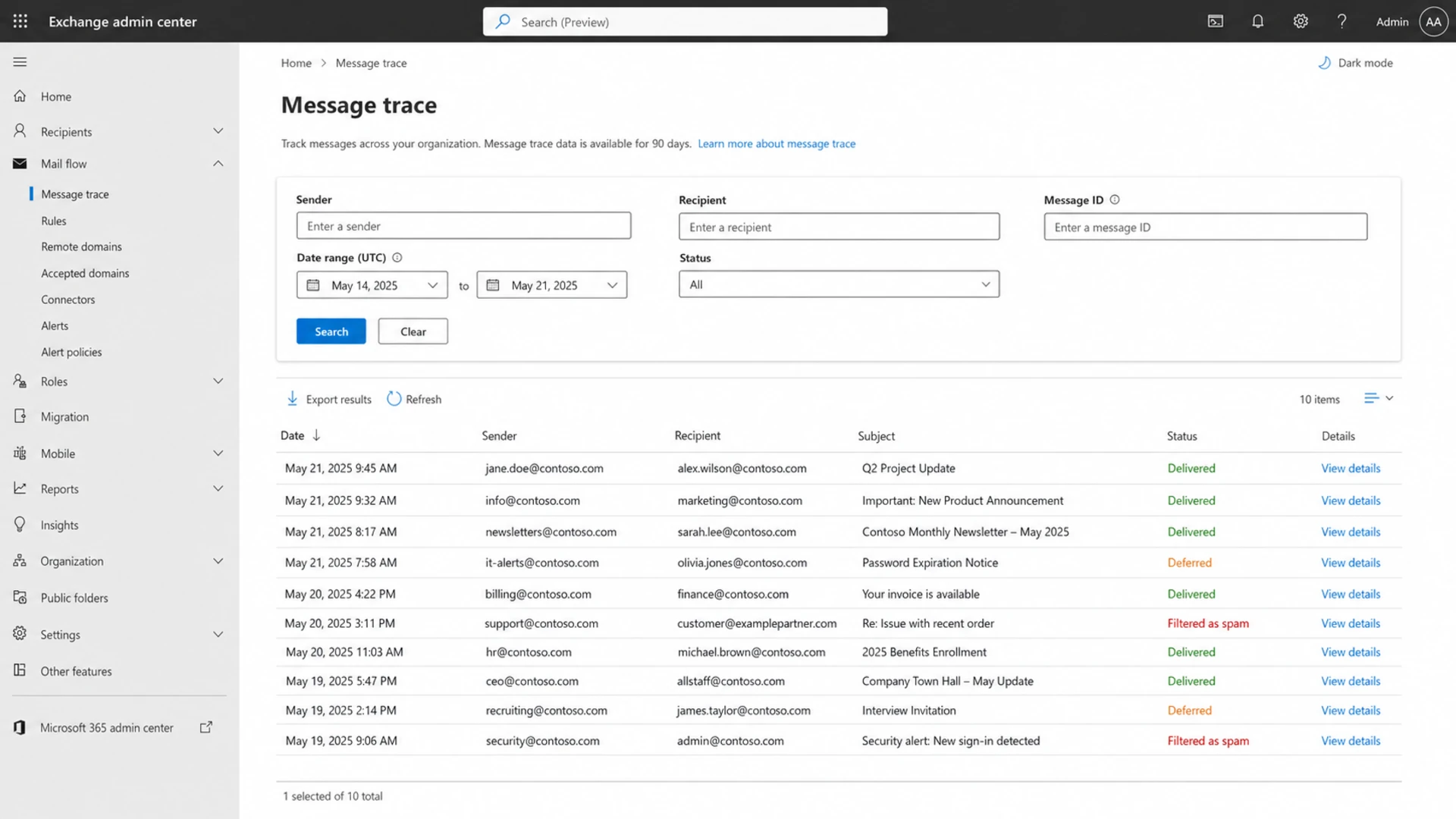 Microsoft Exchange admin center message trace screen for reviewing delivery events.