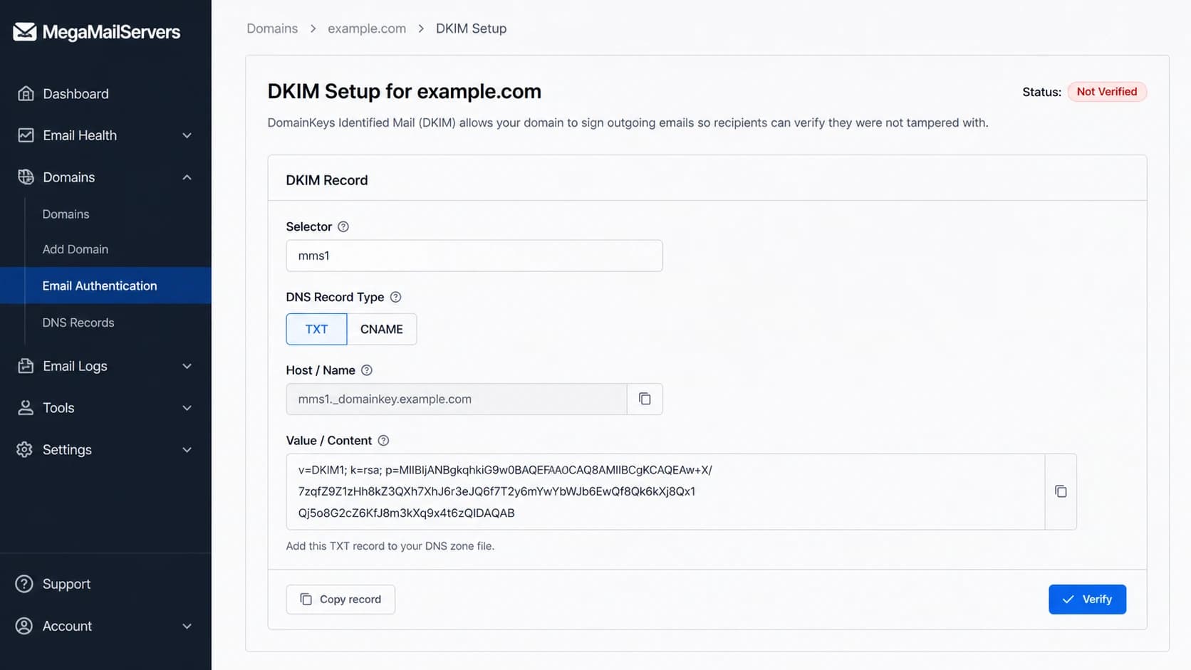 MegaMailServers DKIM setup screen with selector and DNS record details