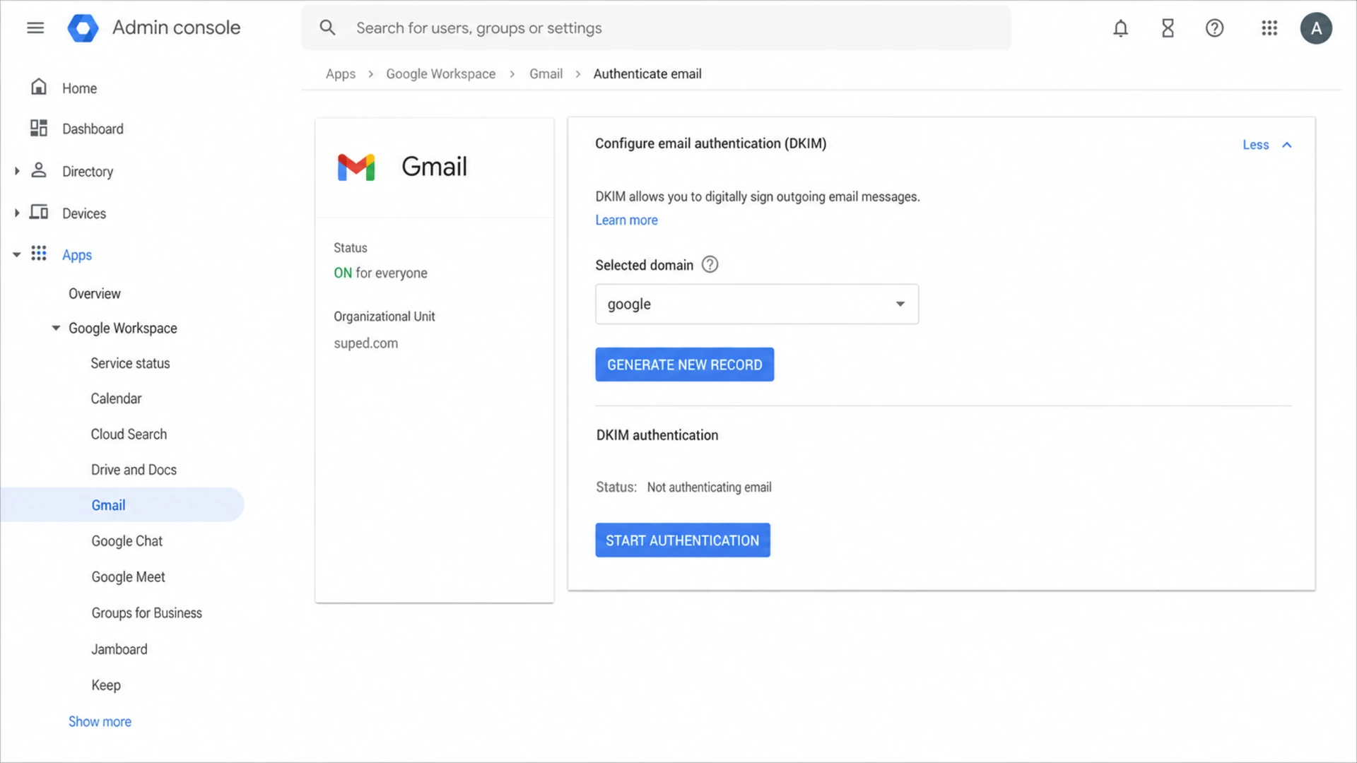 Google Admin console screen for enabling DKIM authentication on a Workspace domain.