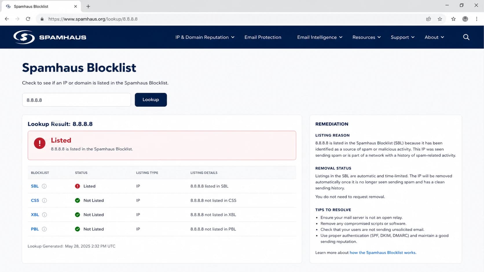 A Spamhaus Blocklist page showing a listed IP and remediation status.