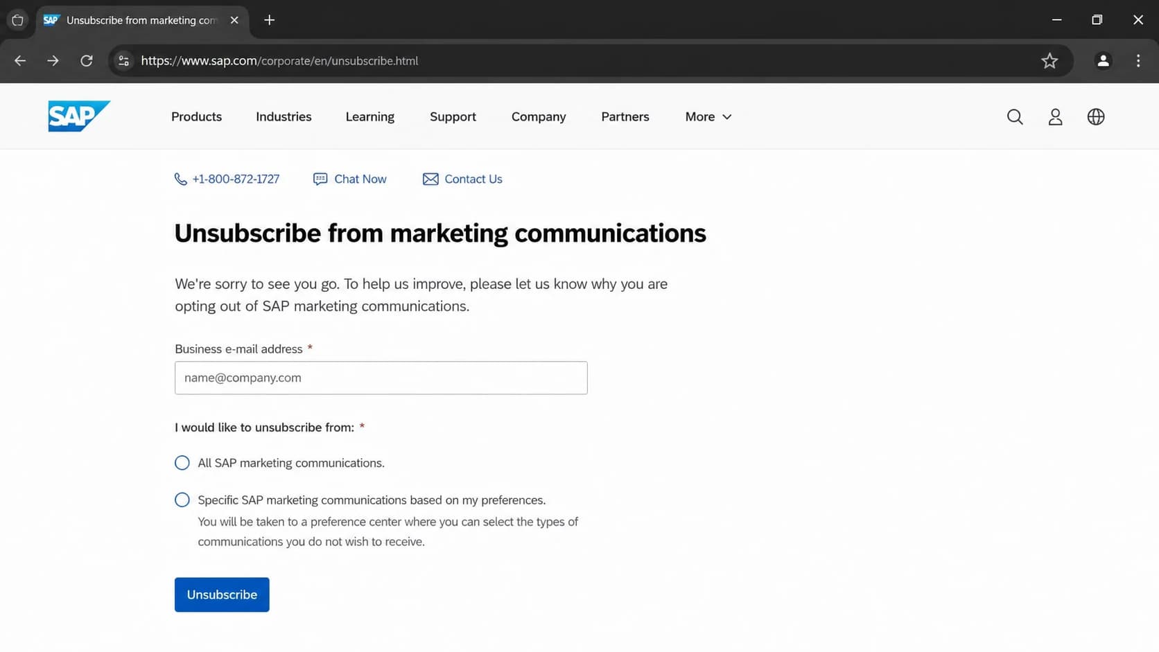 Screenshot-style image of the SAP public unsubscribe page with email field and unsubscribe options.