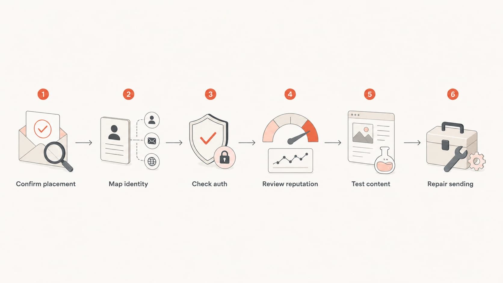A six-step SFMC spam troubleshooting flow from placement evidence to repair.