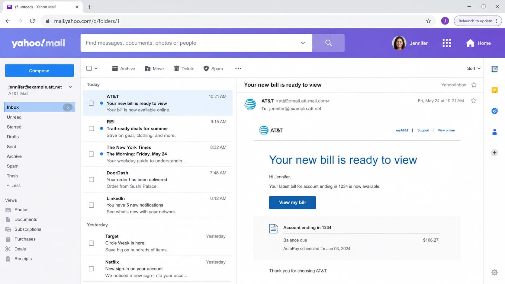Yahoo Mail inbox screen showing an AT&T consumer mailbox connection.