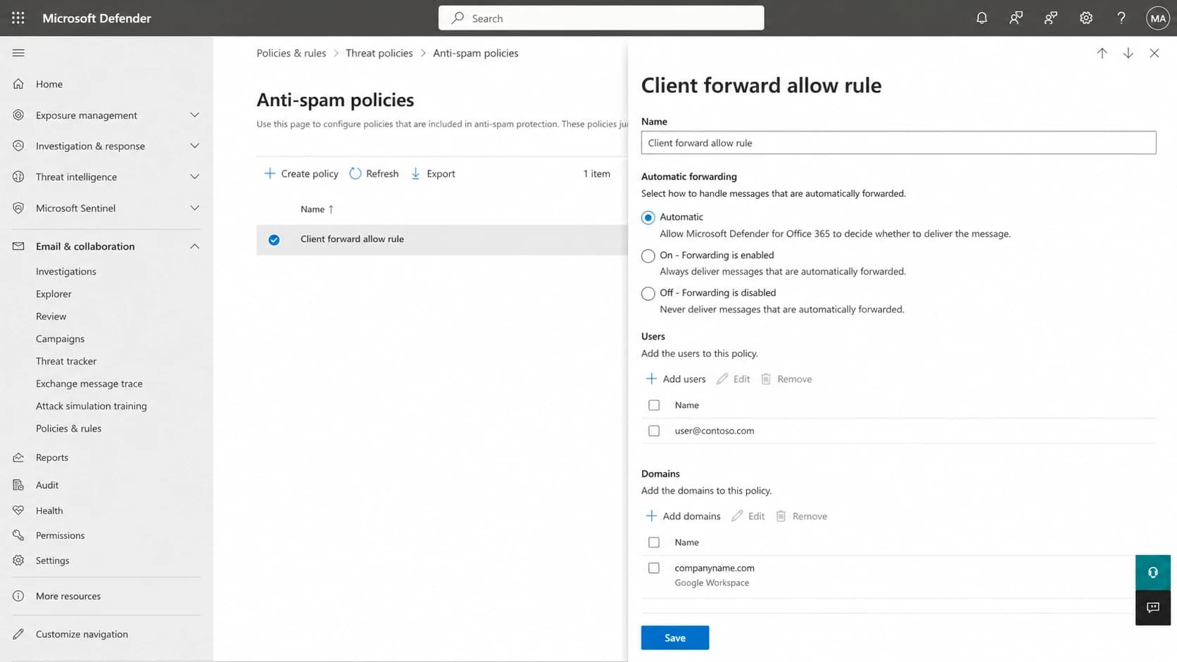 Microsoft Defender portal outbound anti-spam policy with automatic forwarding settings.