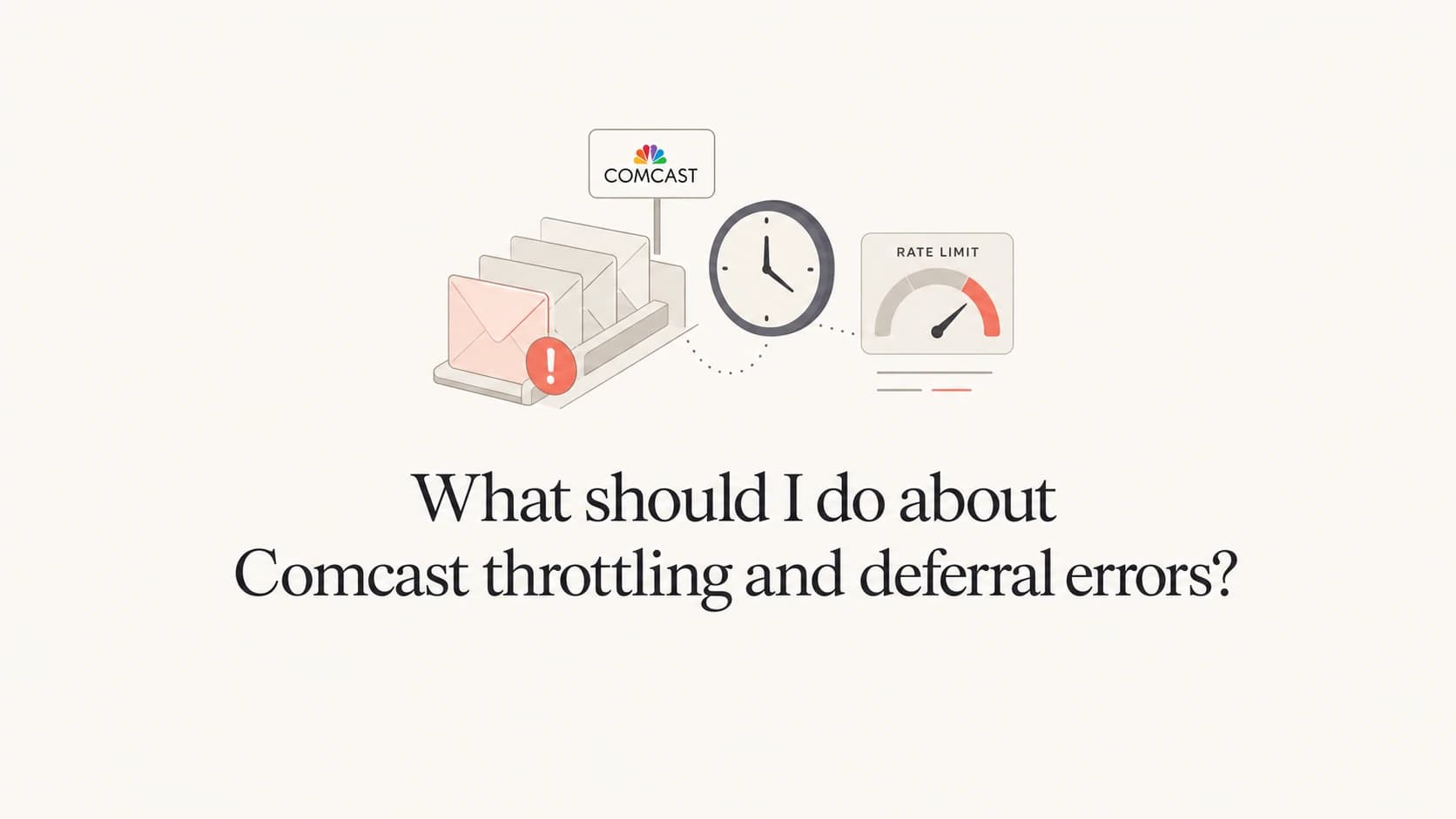 Comcast throttling and deferral errors shown as a paused email queue and rate-limit gauge.