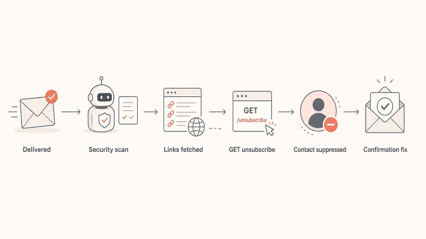 Flowchart showing automated link scanning leading to a mistaken unsubscribe.