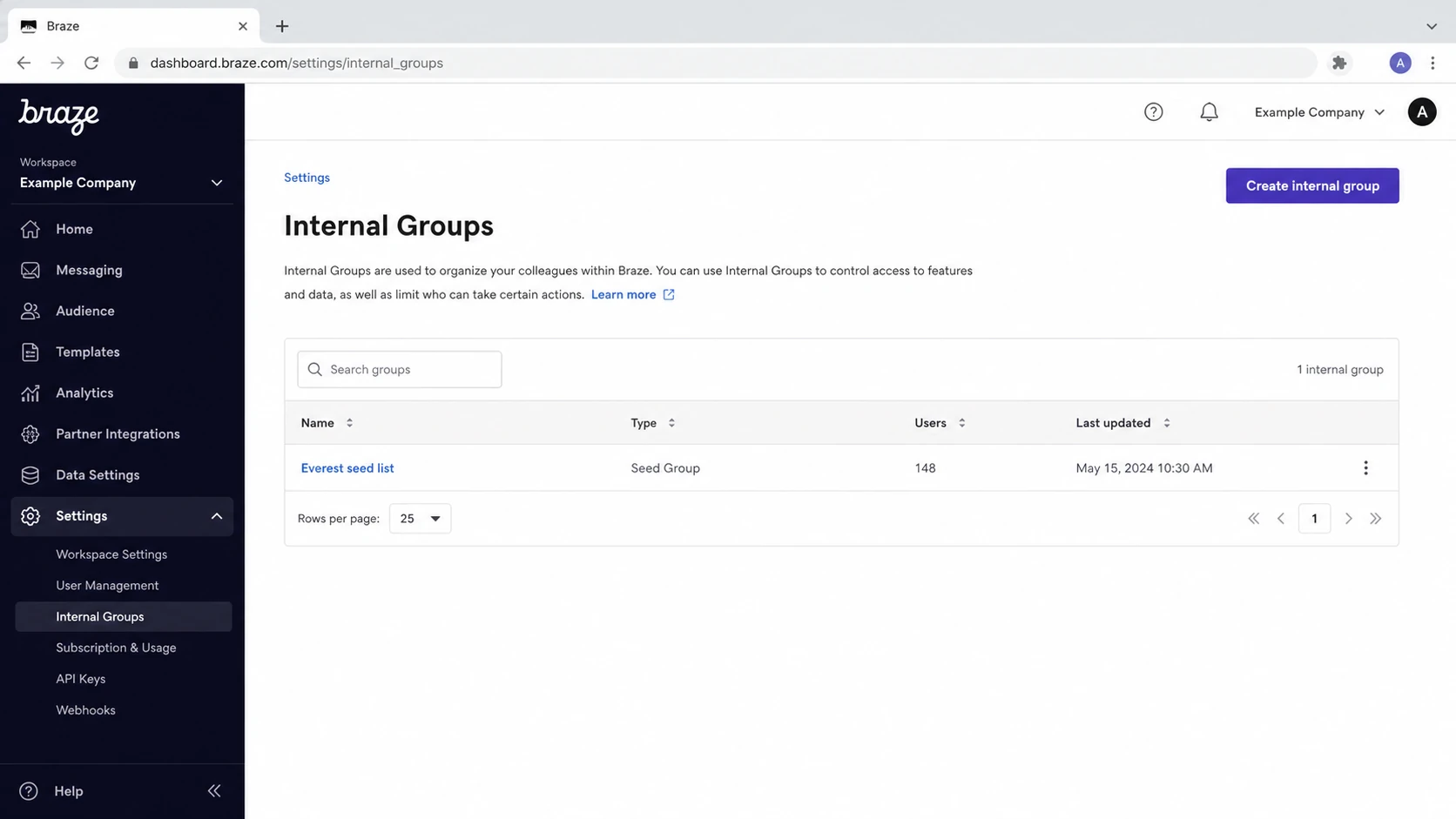 Example Braze Internal Groups page with an Everest seed list tagged as a Seed Group.