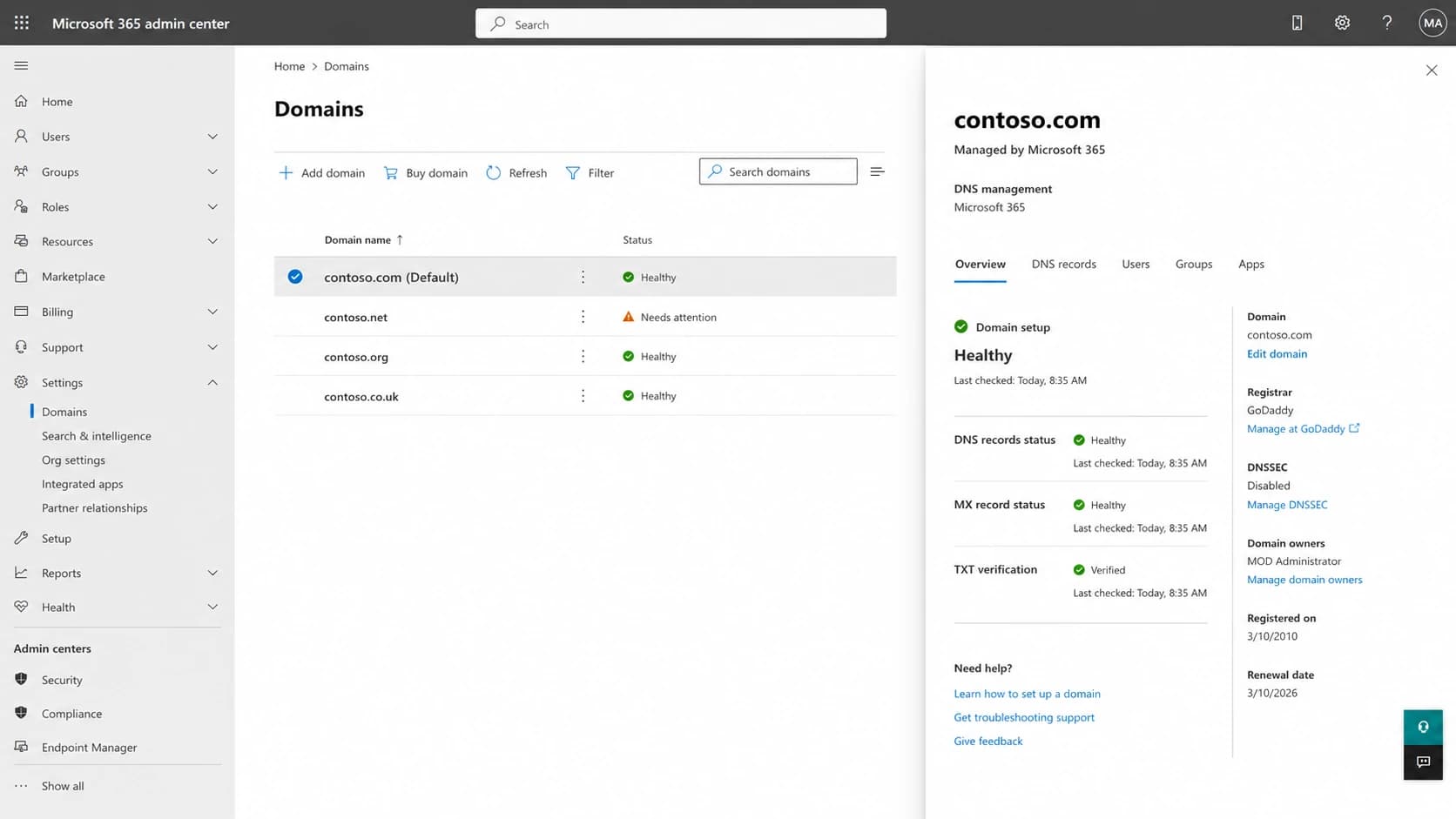 Microsoft 365 admin center domain settings screenshot