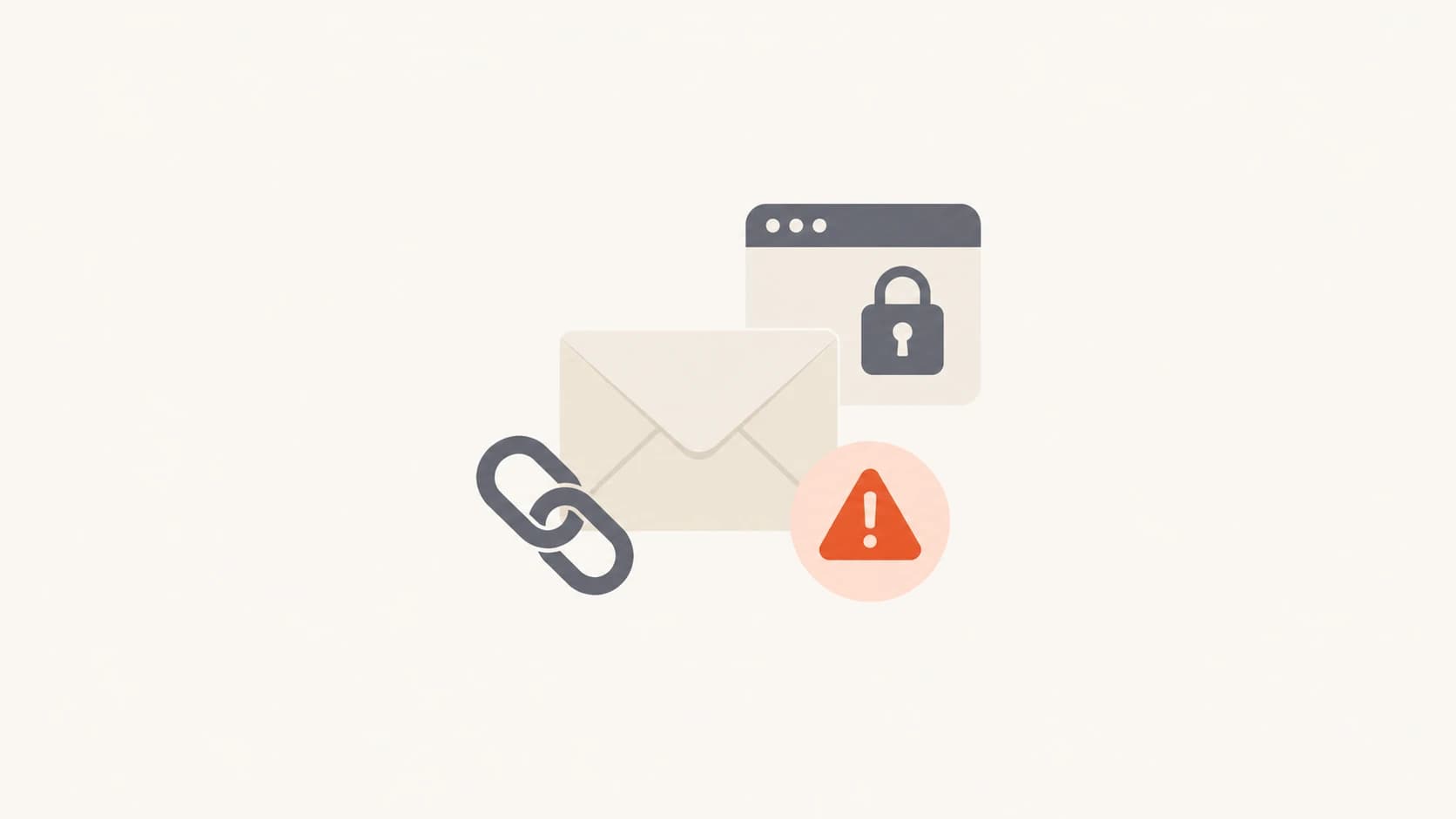 A calm email security thumbnail with an envelope, link, lock, and warning badge.