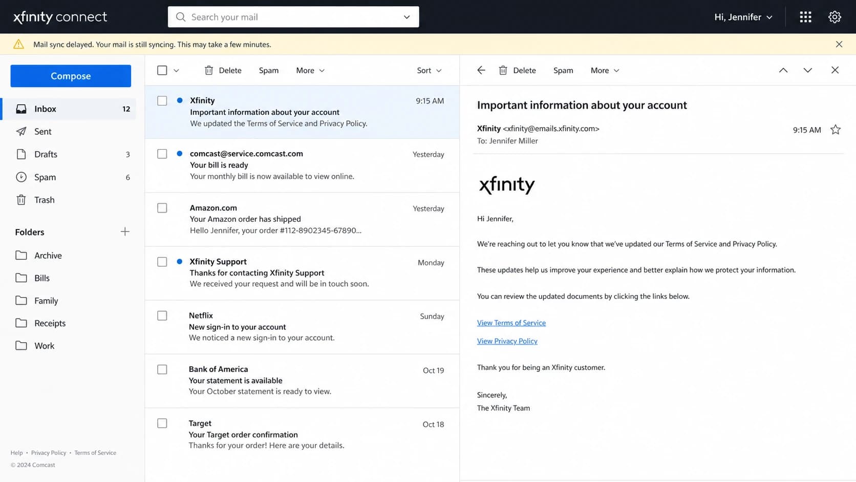 Xfinity Connect webmail screen with a mail sync delay warning.