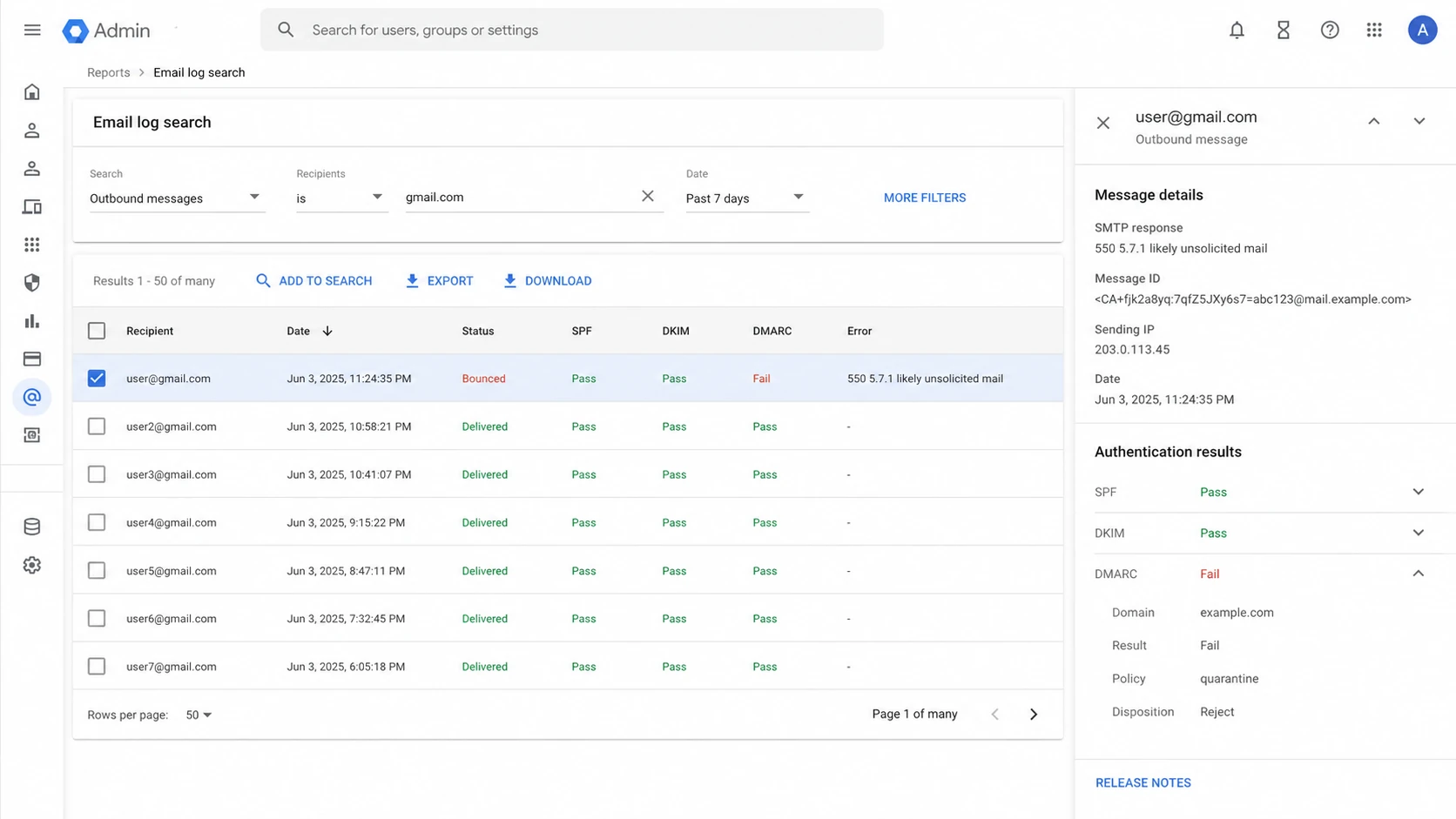 Google Admin console Email Log Search showing a Gmail 550 5.7.1 bounce.