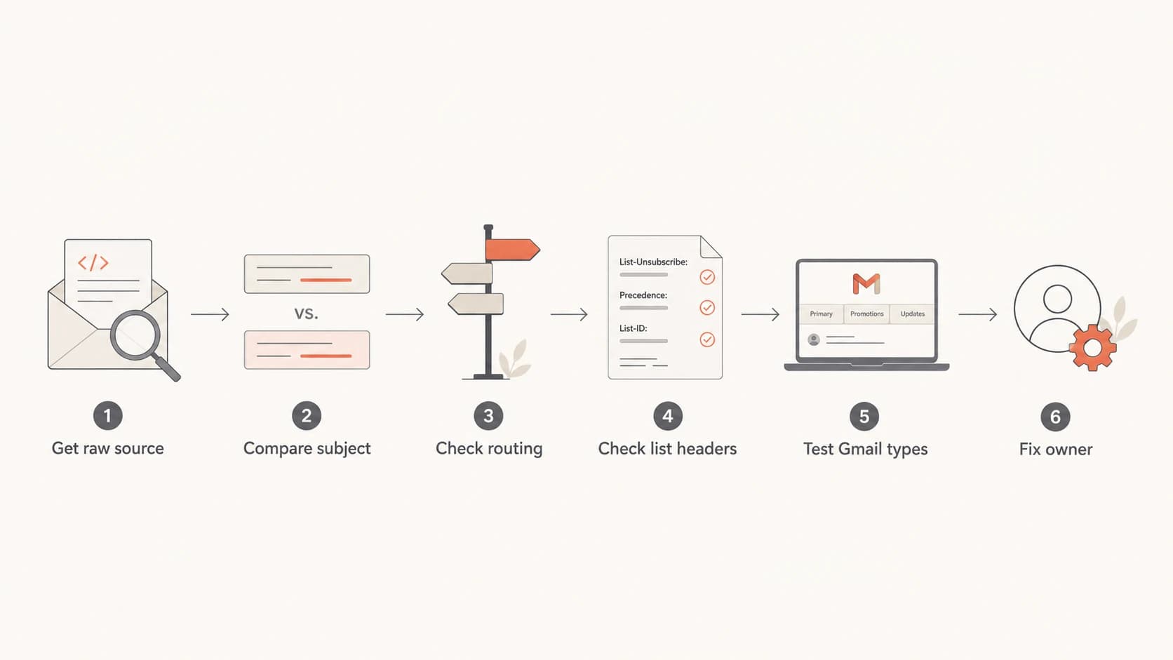 A flowchart for investigating a Gmail subject line that appears changed.