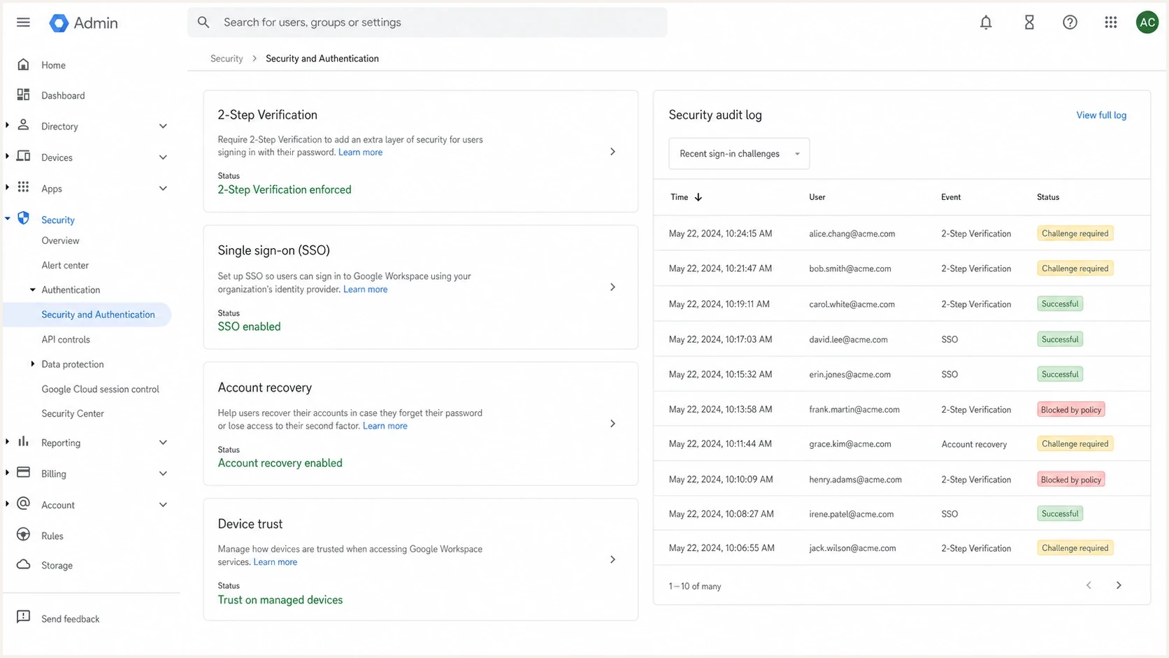 Google Workspace Admin console security settings used for login troubleshooting.