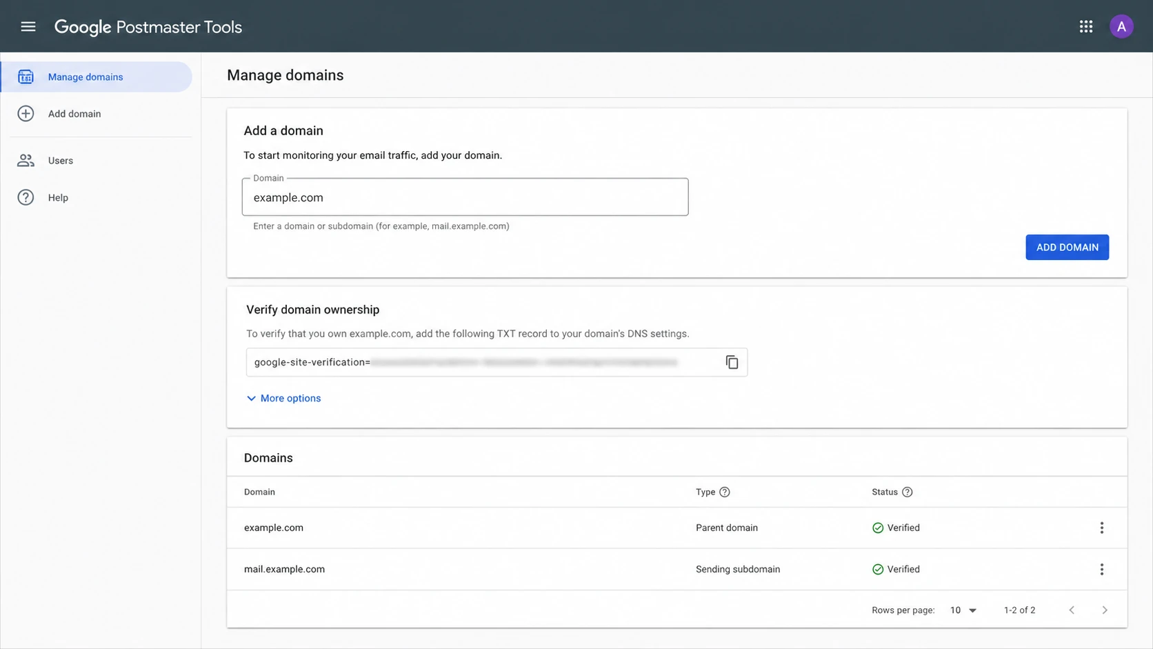 Google Postmaster Tools screen for adding a parent domain and subdomain