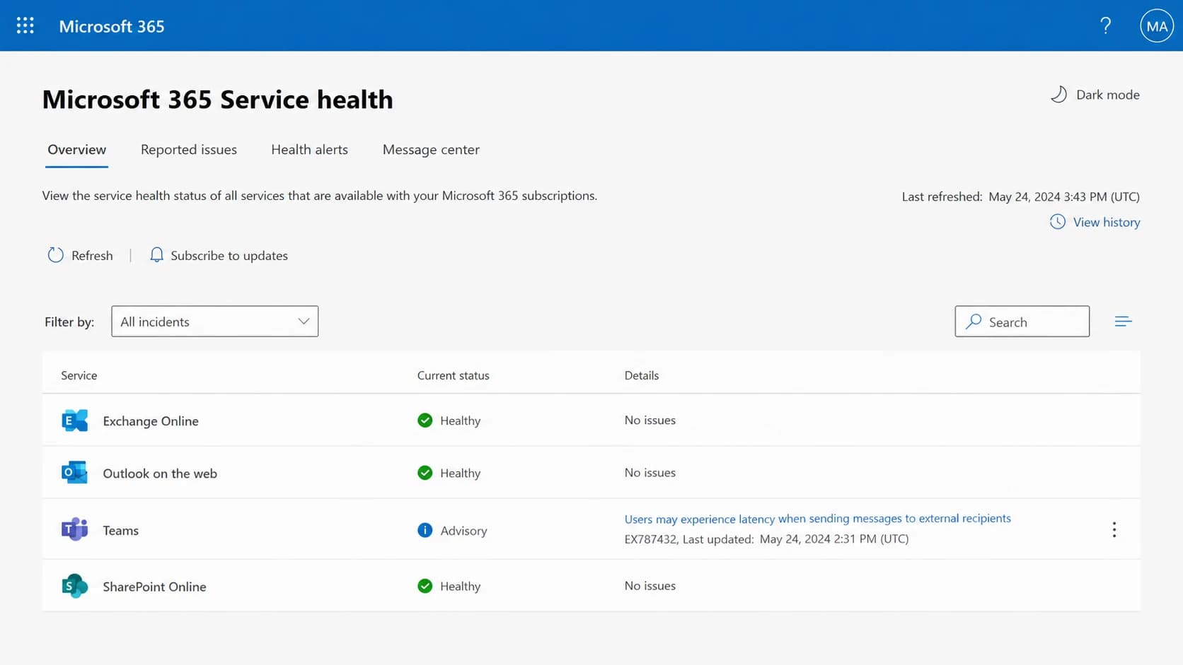 Microsoft 365 Service Health Status page used to check current incidents.