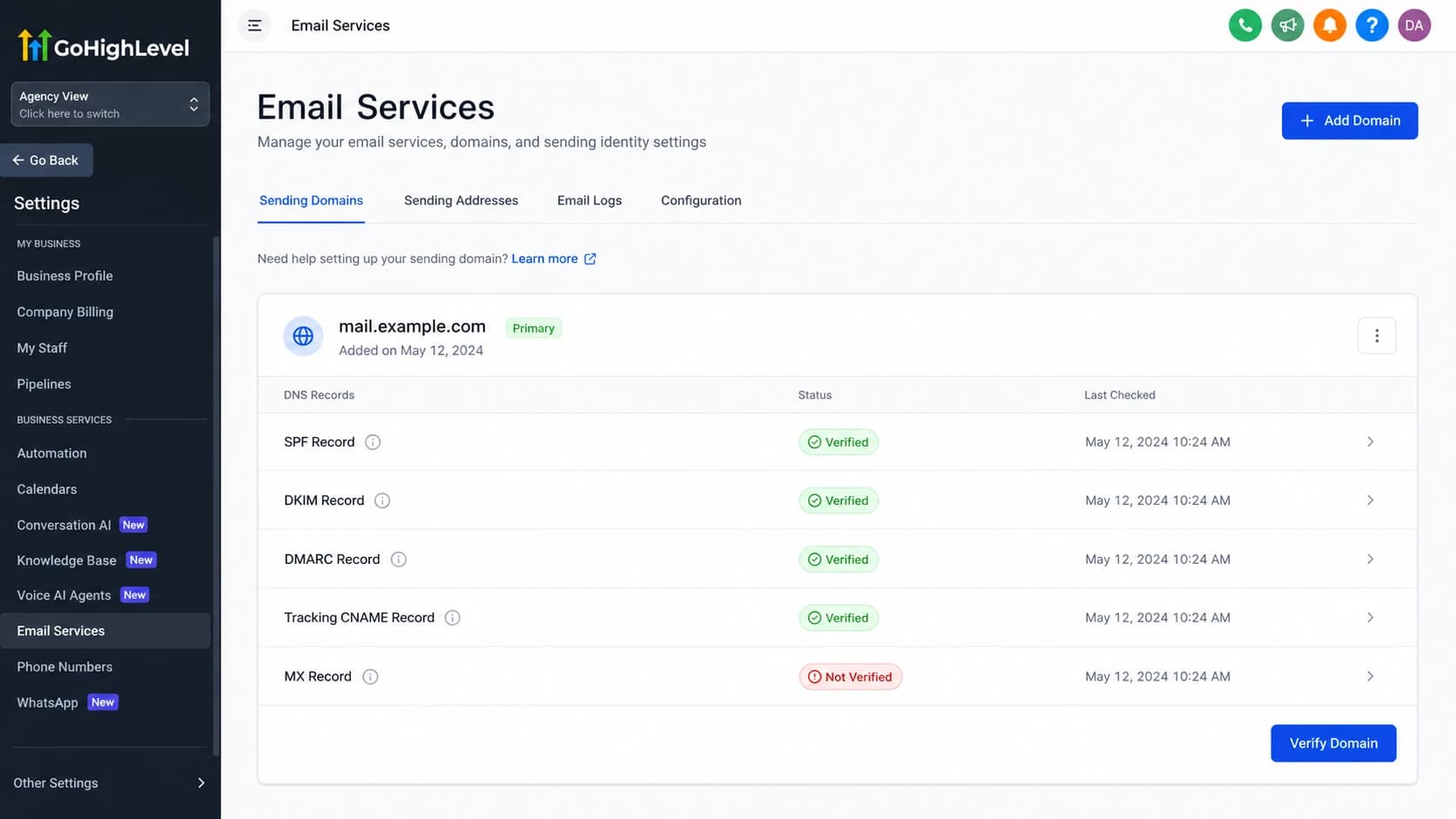 GoHighLevel email services settings screen with sending domain DNS status rows.