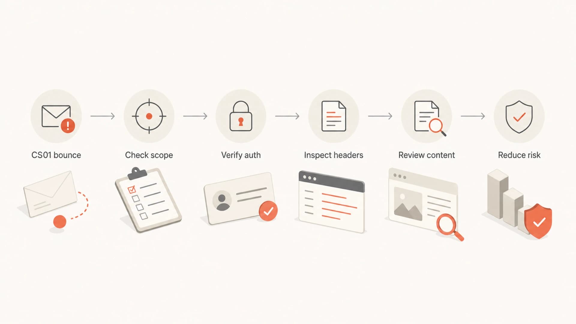 Flowchart showing a CS01 bounce moving through scope, authentication, header, content, and risk checks.