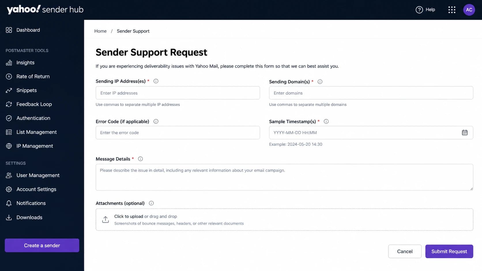 Yahoo Sender Hub support request screen with fields for a TSS04 case.