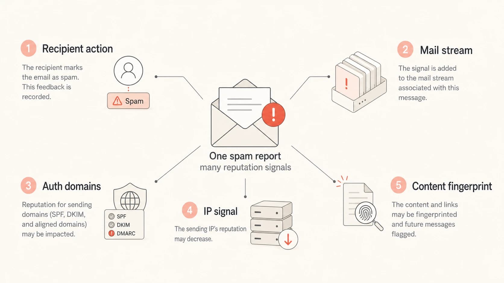 A spam report can affect the mail stream, domains, IP, and content fingerprint.