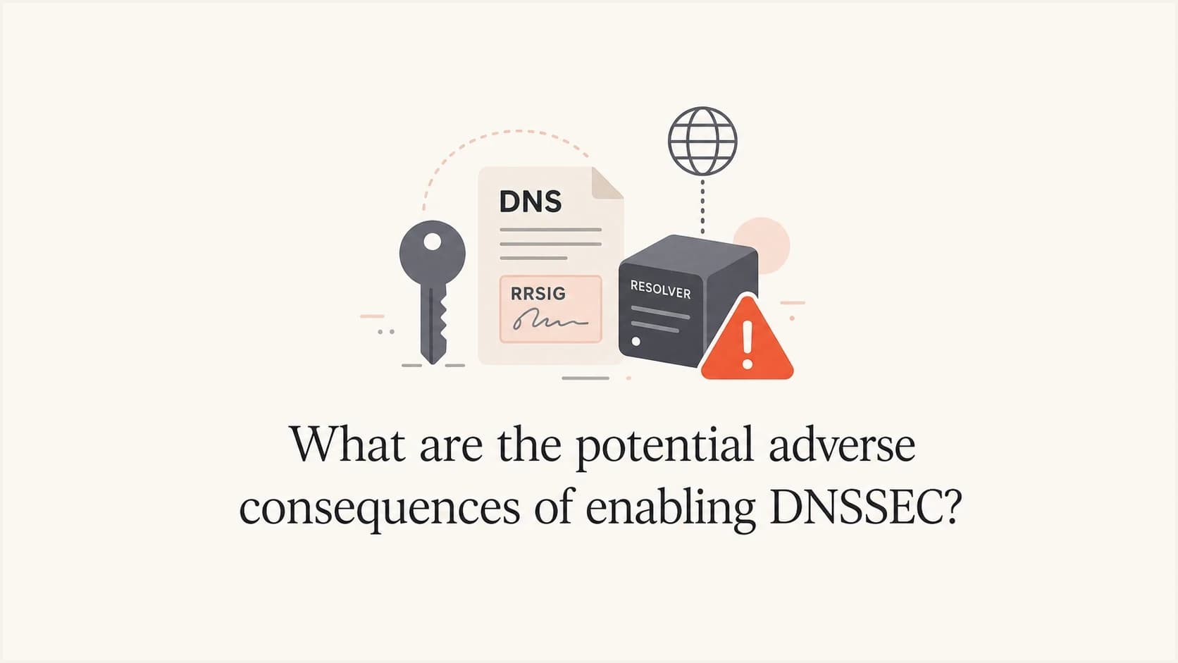 DNSSEC rollout risks shown with a DNS key, signed record, resolver node, and warning marker.