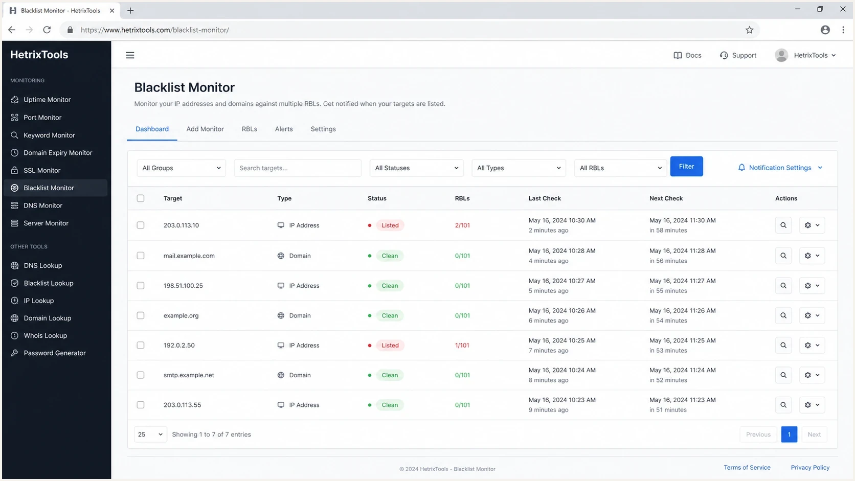 HetrixTools-style blacklist monitor screen with monitored IPs, statuses, check times, and alert controls.