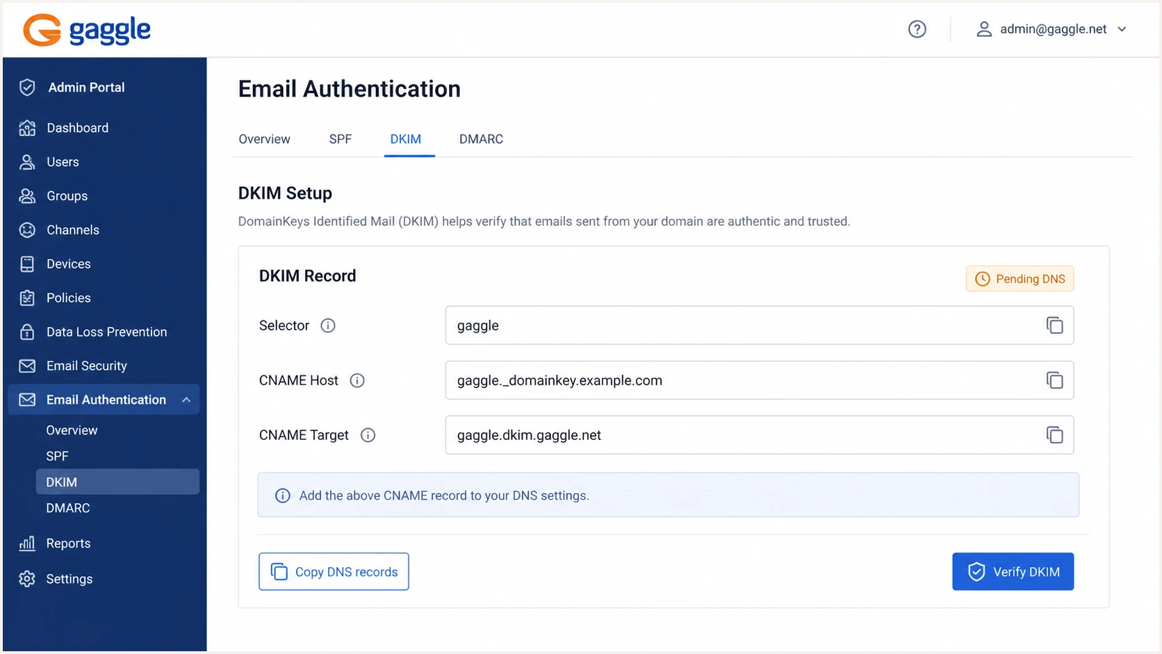 Gaggle DKIM setup screen showing selector and CNAME fields.