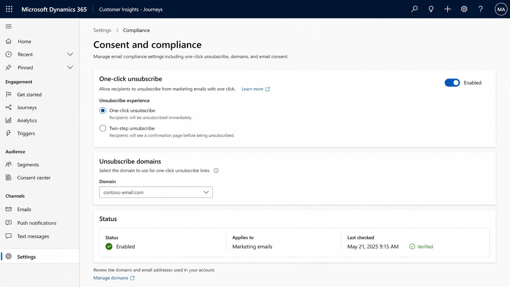 Microsoft Dynamics 365 Customer Insights - Journeys one click unsubscribe settings screen.